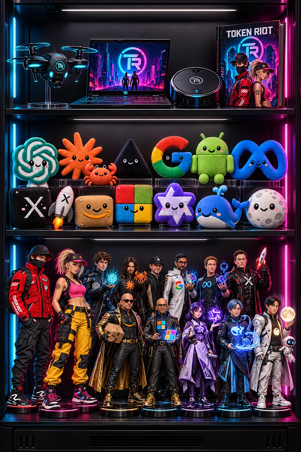 TOKEN RIOT drone, laptop, robot vacuum, book, logo plushies and character action figures