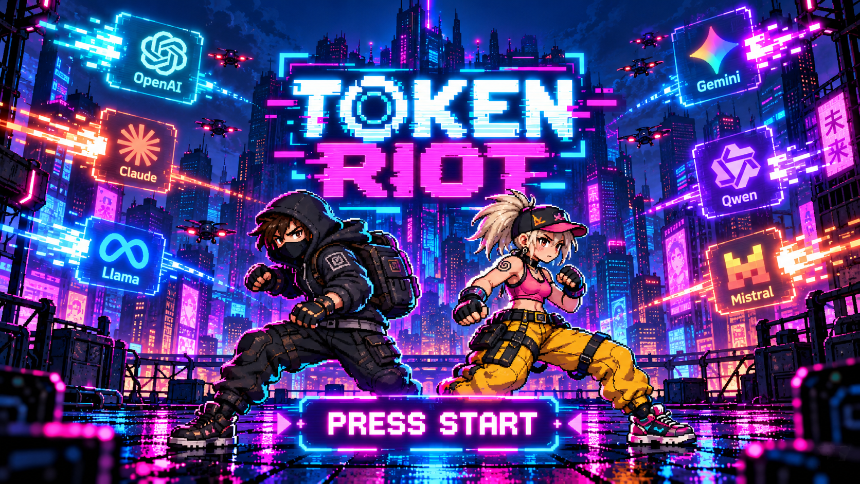 Naxo and Pixy, the TOKEN RIOT protagonists, in a neon city